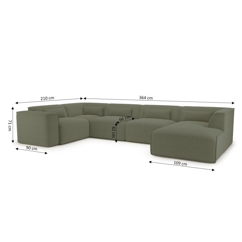 Divano panoramico fisso NUNA 7 posti con poltrona destra in velluto a coste verde