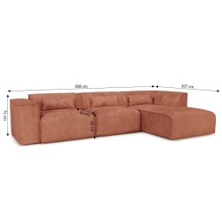 Canapé d'angle droit fixe NUNA 5/6 places tissu terracotta