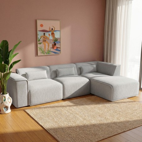 Canapé d'angle droit fixe NUNA 5/6 places velours côtelé gris