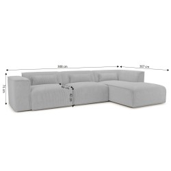 Canapé d'angle droit fixe NUNA 5/6 places velours côtelé gris