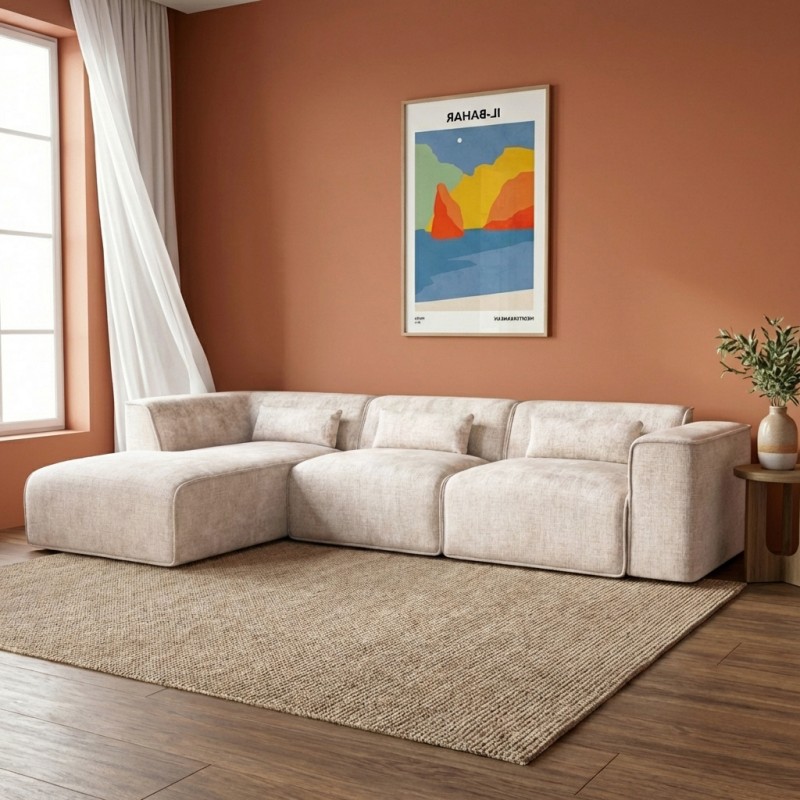 Divano angolare fisso sinistro NUNA 5/6 posti in tessuto beige