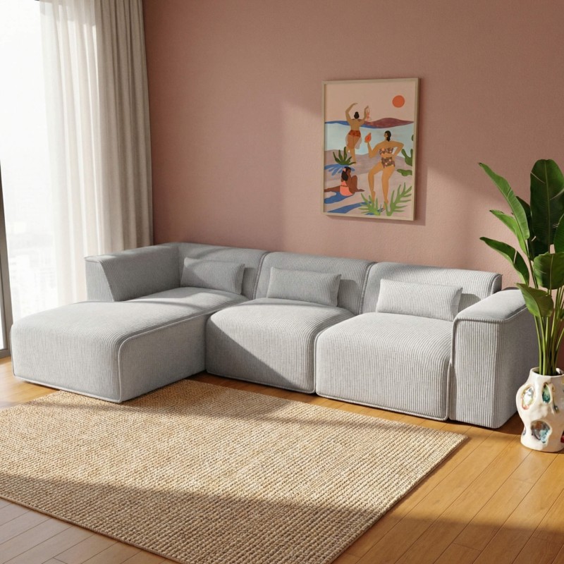 Divano angolare fisso sinistro NUNA 5/6 posti in velluto a coste grigio