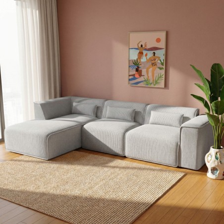 Canapé d'angle gauche fixe NUNA 5/6 places velours côtelé gris