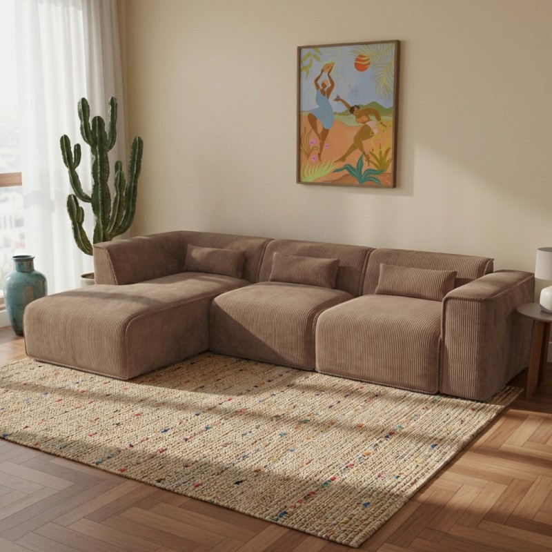 Divano angolare fisso sinistro NUNA 5/6 posti in velluto a coste marrone