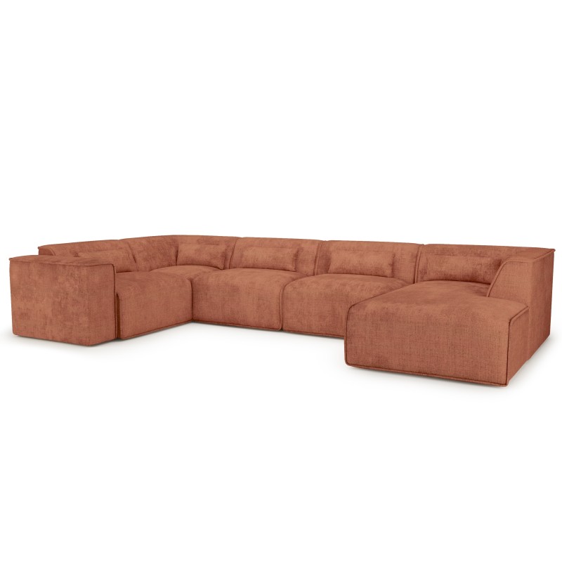Divano panoramico fisso NUNA 7 posti con chaise longue a destra in tessuto terracotta
