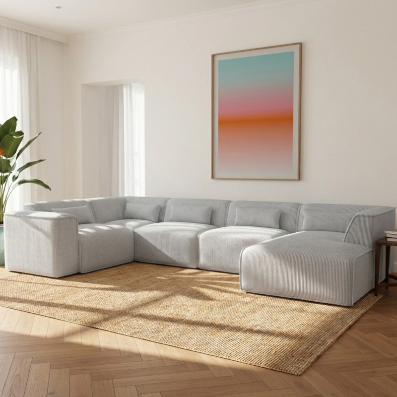 Divano panoramico fisso NUNA 7 posti con poltrona a destra in velluto a coste grigio