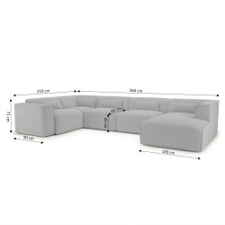 Divano panoramico fisso NUNA 7 posti con poltrona a destra in velluto a coste grigio