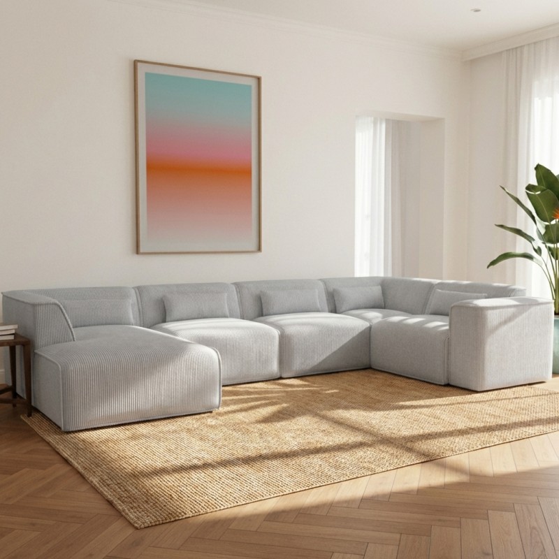 Divano panoramico fisso NUNA 7 posti con chaise longue a sinistra in velluto a coste grigio