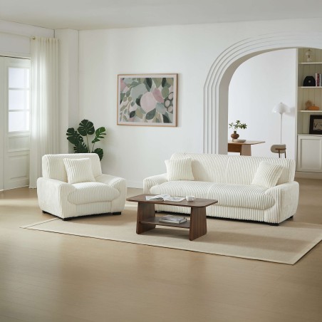 Set divano fisso a 3 posti + poltrona a 1 posto ADEA in velluto a coste beige