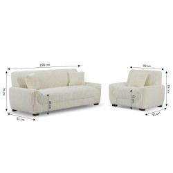 Set divano fisso a 3 posti + poltrona a 1 posto ADEA in velluto a coste beige