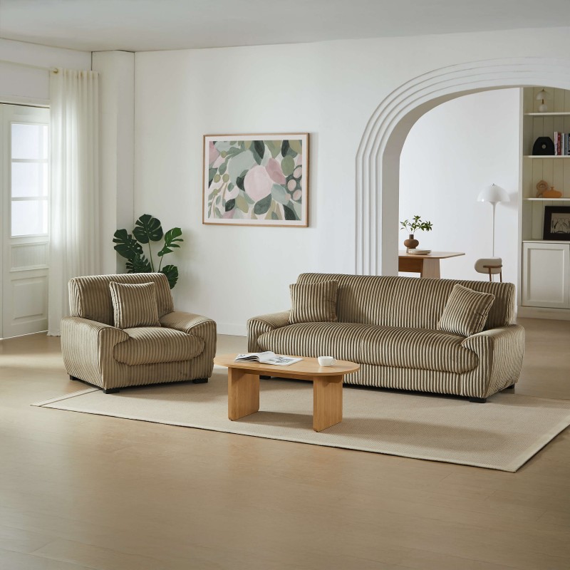 Set divano fisso a 3 posti + poltrona singola ADEA in velluto a coste marrone