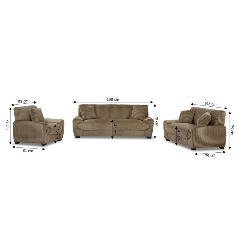 Set divani fissi 3+2 posti + poltrona 1 posto ADEA in velluto a coste marrone