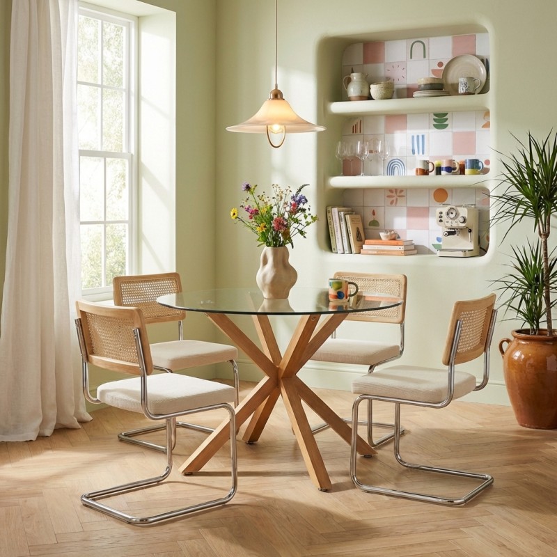 Set da pranzo con tavolo rotondo in vetro HARRY 120 cm e set di 4 sedie ELLA in velluto a coste beige e paglia intrecciata
