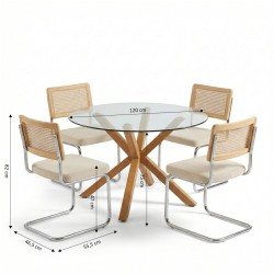 Set da pranzo con tavolo rotondo in vetro HARRY 120 cm e set di 4 sedie ELLA in velluto a coste beige e paglia intrecciata