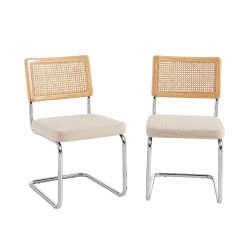 Set da pranzo con tavolo rotondo in vetro HARRY 120 cm e set di 4 sedie ELLA in velluto a coste beige e paglia intrecciata