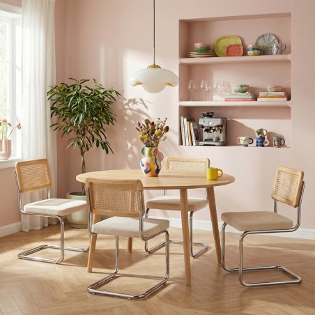 Set da pranzo con tavolo allungabile ORACLE in rovere impiallacciato e set di 4 sedie ELLA in velluto a coste écru e canna