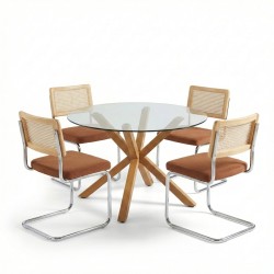 Set da pranzo con tavolo rotondo in vetro HARRY 120 cm e set di 4 sedie ELLA in velluto a coste terracotta e canna