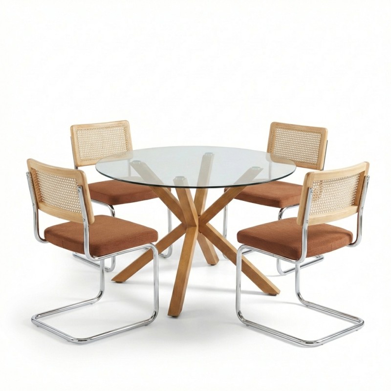 Set da pranzo con tavolo rotondo in vetro HARRY 120 cm e set di 4 sedie ELLA in velluto a coste terracotta e canna