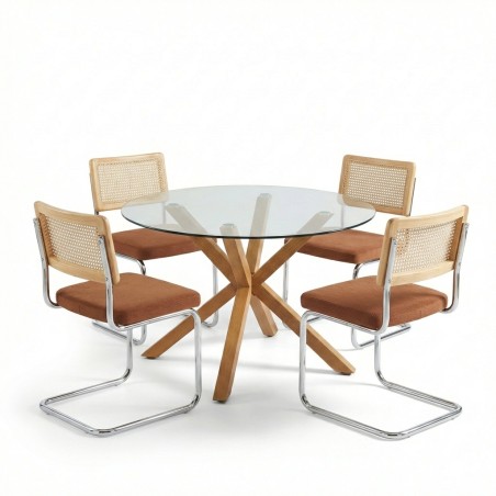 Set da pranzo con tavolo rotondo in vetro HARRY 120 cm e set di 4 sedie ELLA in velluto a coste terracotta e canna