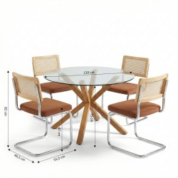 Set da pranzo con tavolo rotondo in vetro HARRY 120 cm e set di 4 sedie ELLA in velluto a coste terracotta e canna