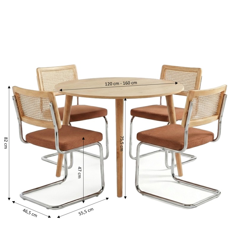 Essgruppe ORACLE mit Eichenfurniertisch und 4 ELLA Stühlen in Terrakotta-Cord und Rohrgeflecht