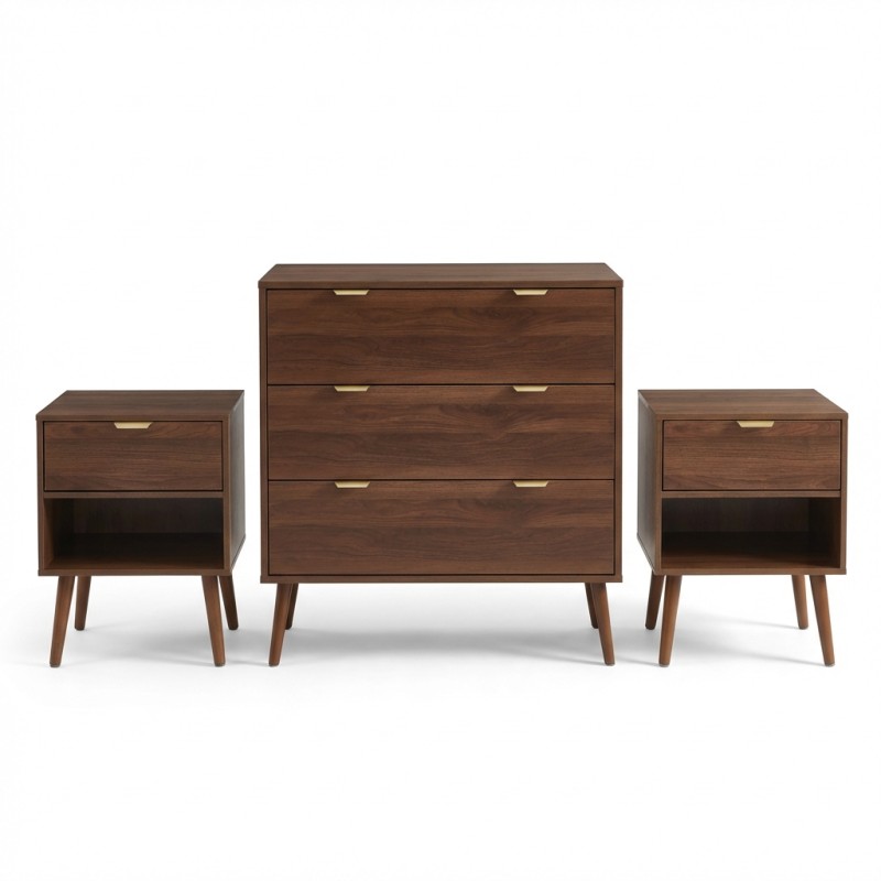 Set cassettiera e 2 comodini JEANNE effetto noce
