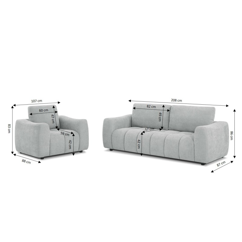 Ensemble canapé droit fixe 3 places + fauteuil 1 place KEREA tissu chenille gris