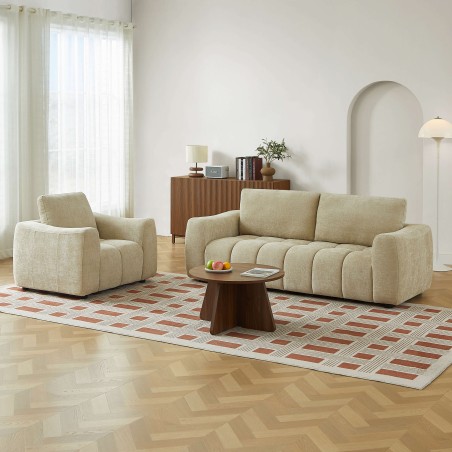 Set divano fisso a 3 posti + poltrona a 1 posto KEREA in tessuto ciniglia color tortora