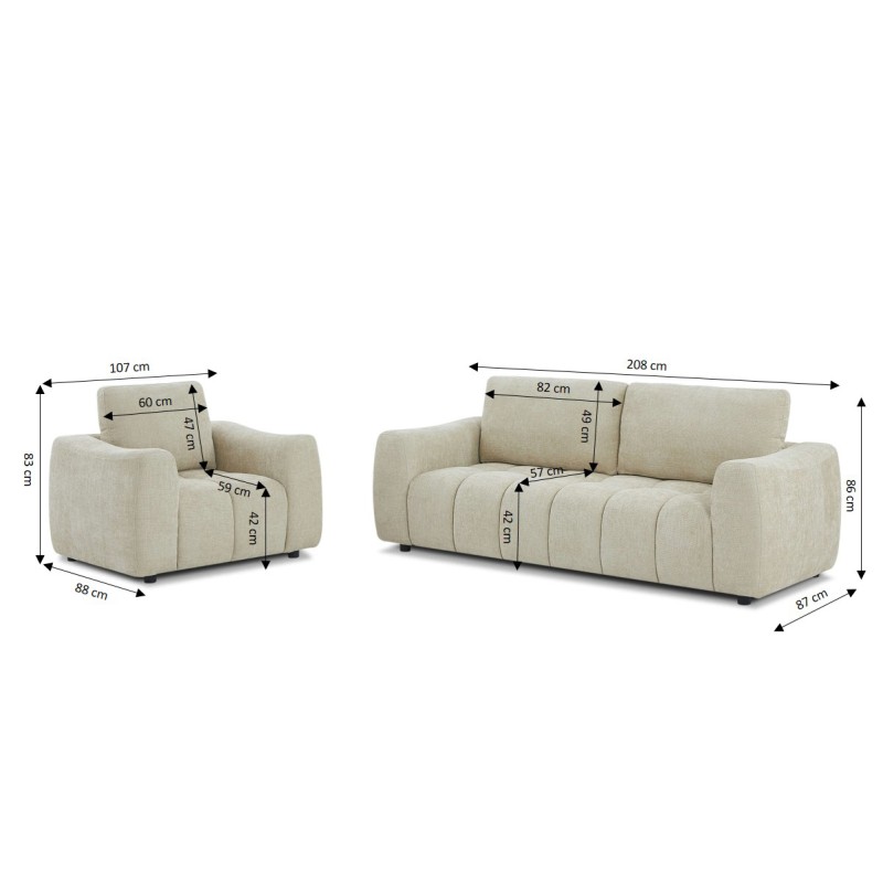 Ensemble canapé droit fixe 3 places + fauteuil 1 place KEREA tissu chenille taupe