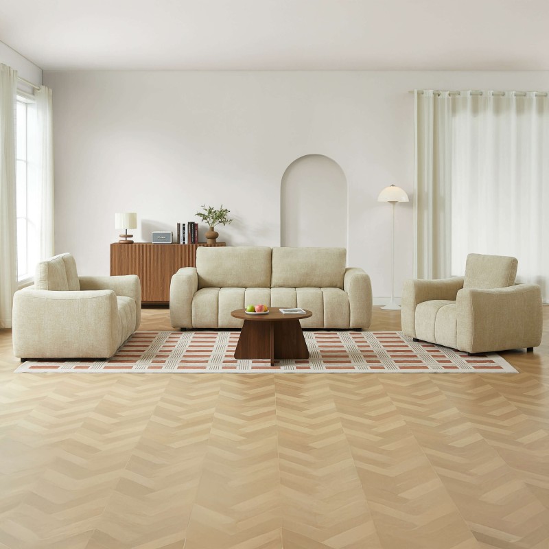 Set divani fissi 3+2 posti + poltrona 1 posto KEREA in tessuto ciniglia color tortora