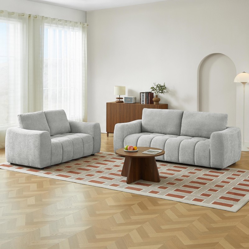 Set divani fissi 3+2 posti KEREA in tessuto ciniglia grigio