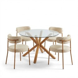 Ensemble repas table à manger ronde en verre HARRY 120 cm et lot de 4 chaises NOA tissu beige