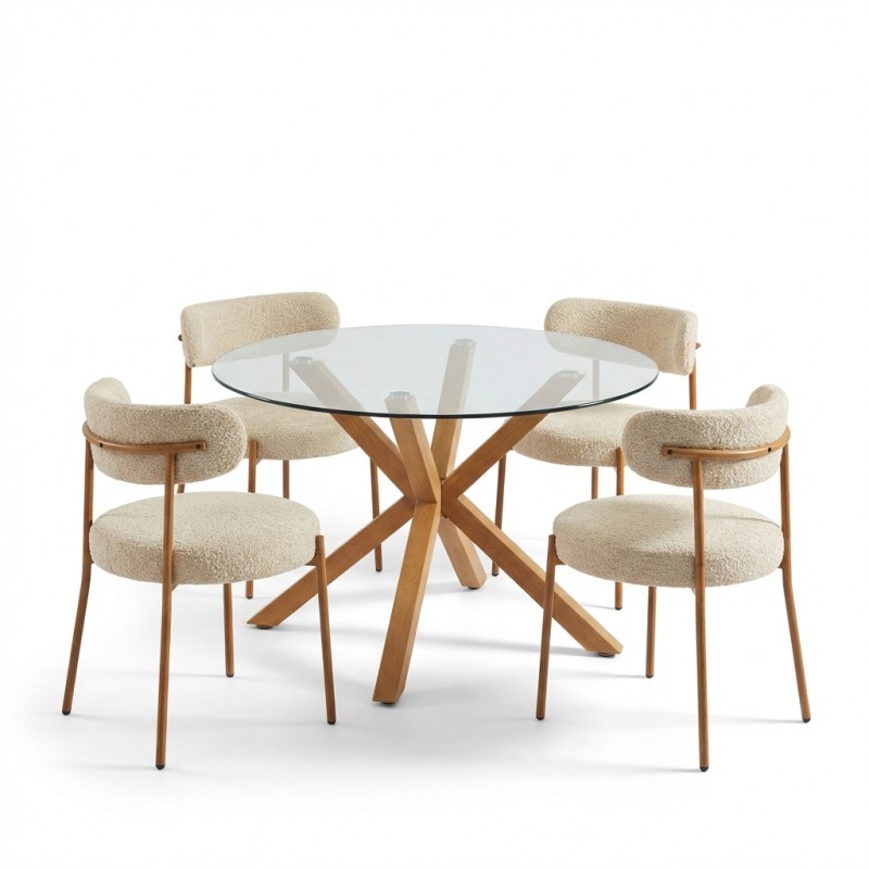 Ensemble repas table à manger ronde en verre HARRY 120 cm et lot de 4 chaises NOA tissu beige