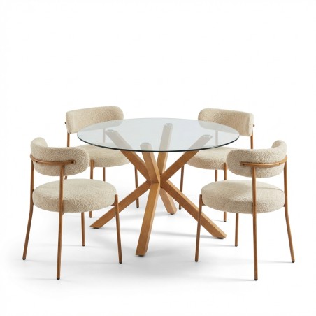 Set da pranzo con tavolo rotondo in vetro HARRY 120 cm e set di 4 sedie NOA in tessuto beige