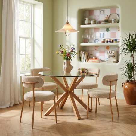 Set da pranzo con tavolo rotondo in vetro HARRY 120 cm e set di 4 sedie NOA in tessuto beige
