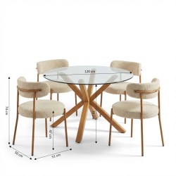 Ensemble repas table à manger ronde en verre HARRY 120 cm et lot de 4 chaises NOA tissu beige