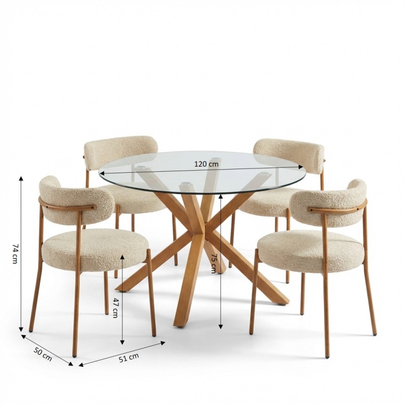Ensemble repas table à manger ronde en verre HARRY 120 cm et lot de 4 chaises NOA tissu beige