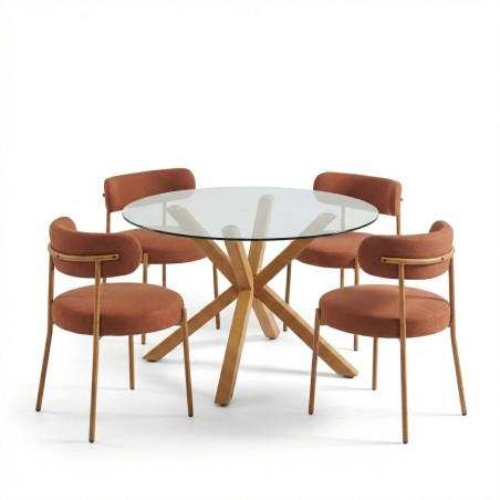 Set da pranzo composto da tavolo rotondo in vetro HARRY 120 cm e set di 4 sedie NOA in tessuto terracotta