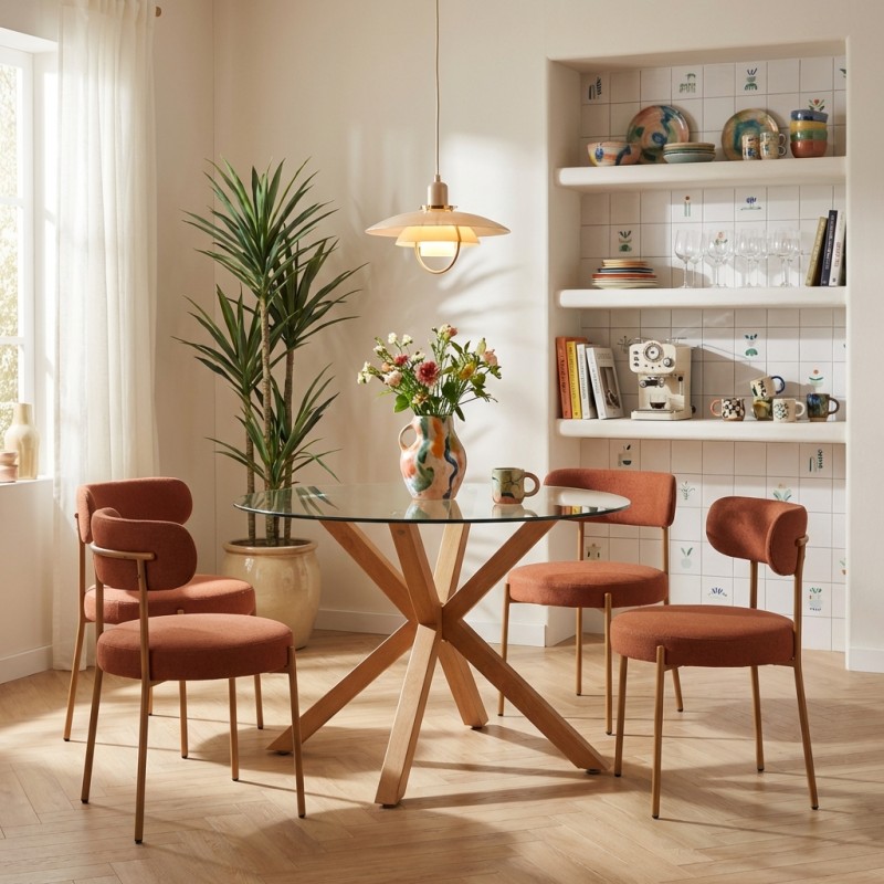 Esszimmergarnitur mit rundem Glastisch HARRY 120 cm und 4 Stühlen NOA aus terrakottafarbenem Stoff