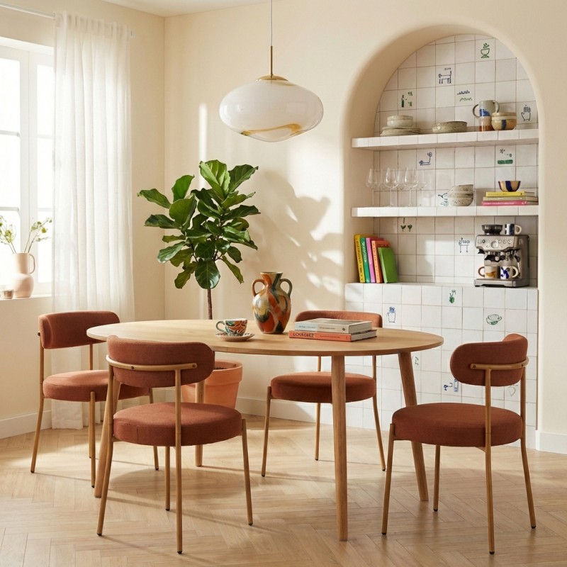 Esszimmergarnitur mit ausziehbarem Tisch ORACLE aus Eichenfurnier und 2 Stühlen NOA aus terrakottafarbenem Stoff