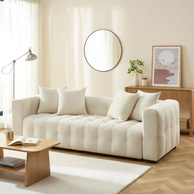 Canapé droit LEVIA convertible tissu beige 3 places
