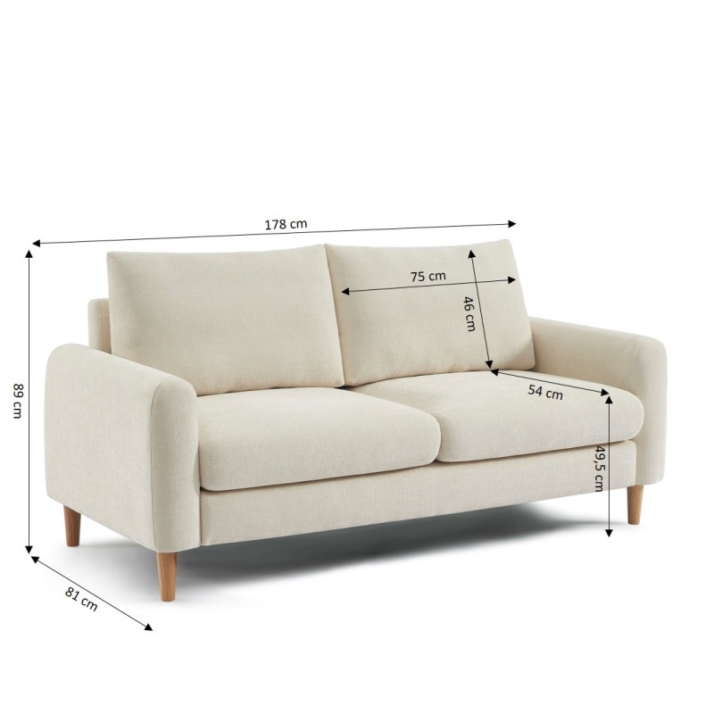 Canapé droit CALIBA fixe tissu beige 3 places
