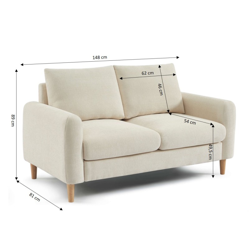 Canapé droit CALIBA fixe tissu beige 2 places