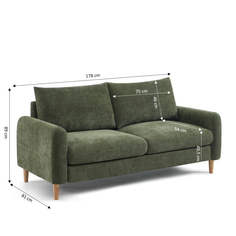 Canapé droit CALIBA fixe tissu vert 3 places