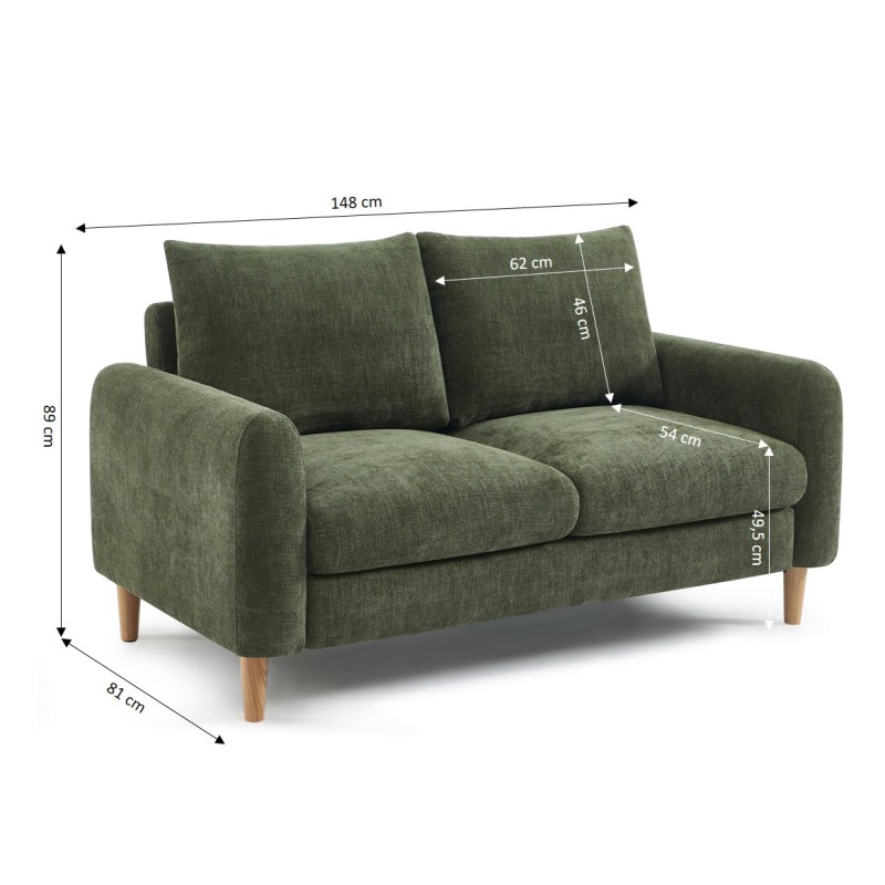 Canapé droit CALIBA fixe tissu vert 2 places