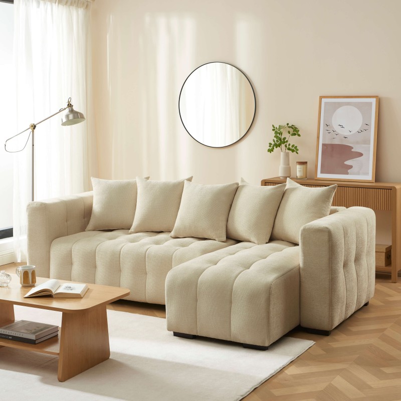 Canapé d'angle LEVIA convertible et réversible tissu taupe 4 places