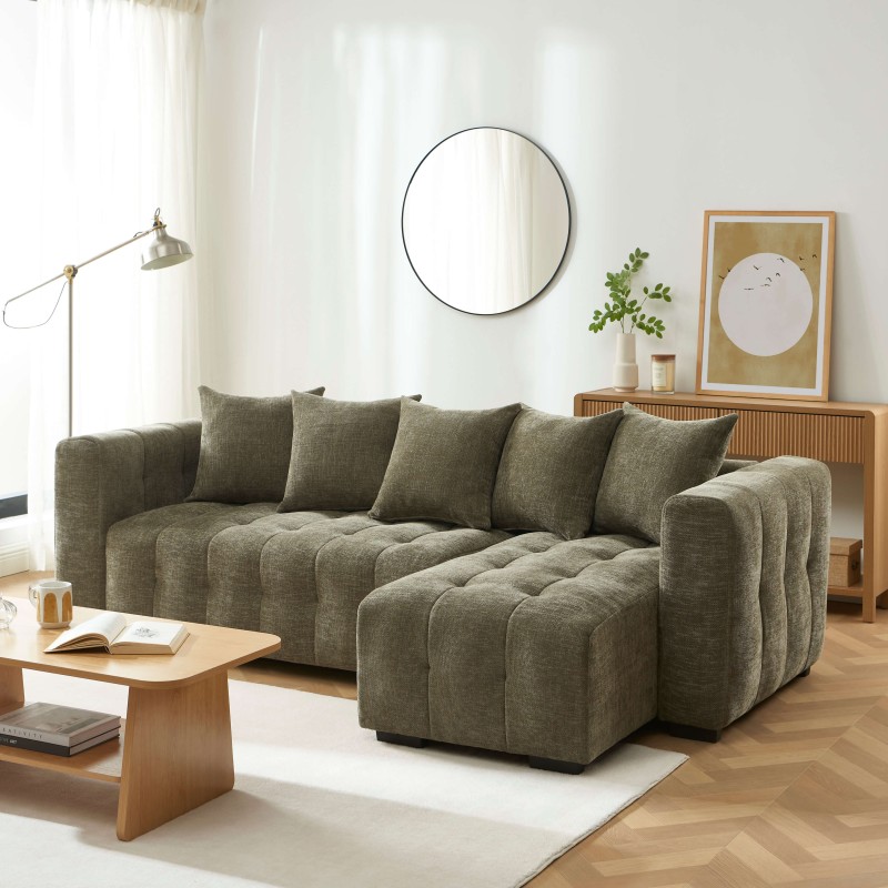 Canapé d'angle LEVIA convertible et réversible tissu vert 4 places