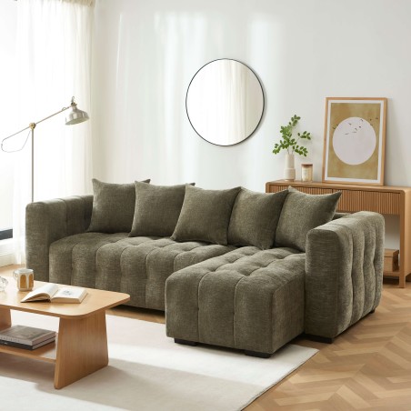 Canapé d'angle LEVIA convertible et réversible tissu vert 4 places