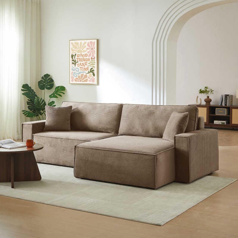 Canapé d'angle ZOLA convertible et réversible chaise large velours côtelé taupe 4 places