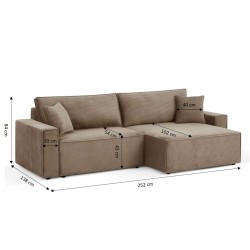 Canapé d'angle ZOLA convertible et réversible chaise large velours côtelé taupe 4 places